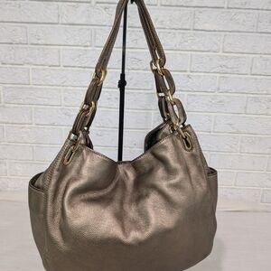 MK Michael Kors Gold Metallic Satchel Boho Shoulder Bag Snap Close Purse Leather